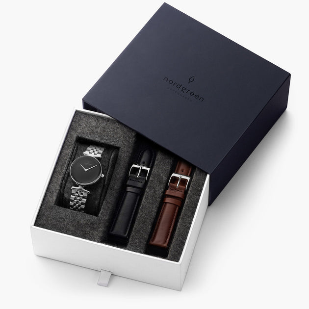 Unika - L’offre Groupée Cadran Noir Argent | Argent 5-Link / Noir / Cuir Marron Bracelets