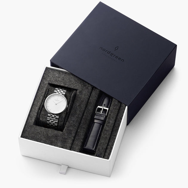 Infinity - L’offre Groupée Cadran Blanc Argent | Argent 5-Link / Cuir Noir Bracelets