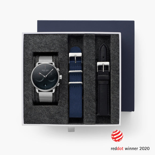 Pioneer - L’offre Groupée Cadran Noir Argent  | Maille Argent / Nato Bleu Marine / Cuir Noir Bracelets
